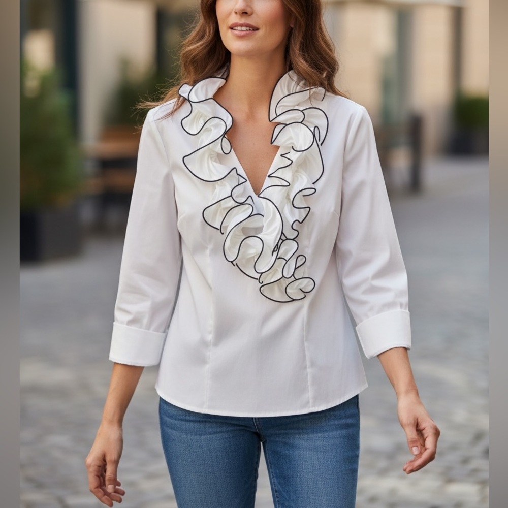 XSCAPE White Black Ruffled Formal Blouse Sz 12